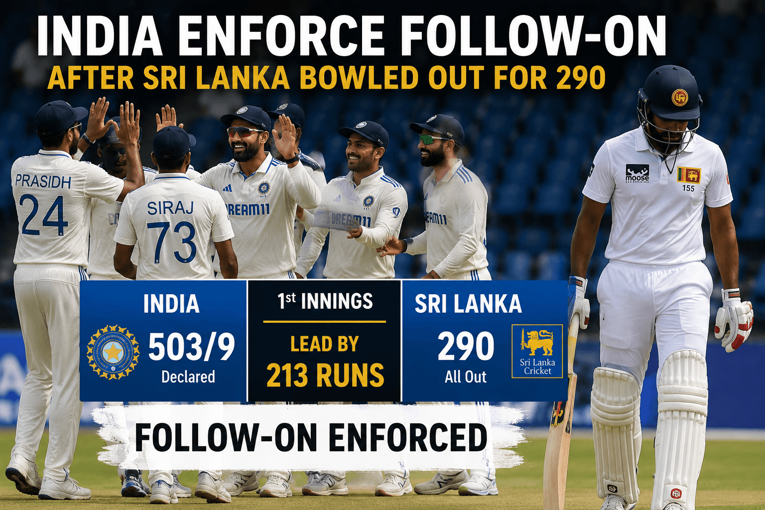 India Enforce Follow-On After Sri Lanka Bowled Out for 290