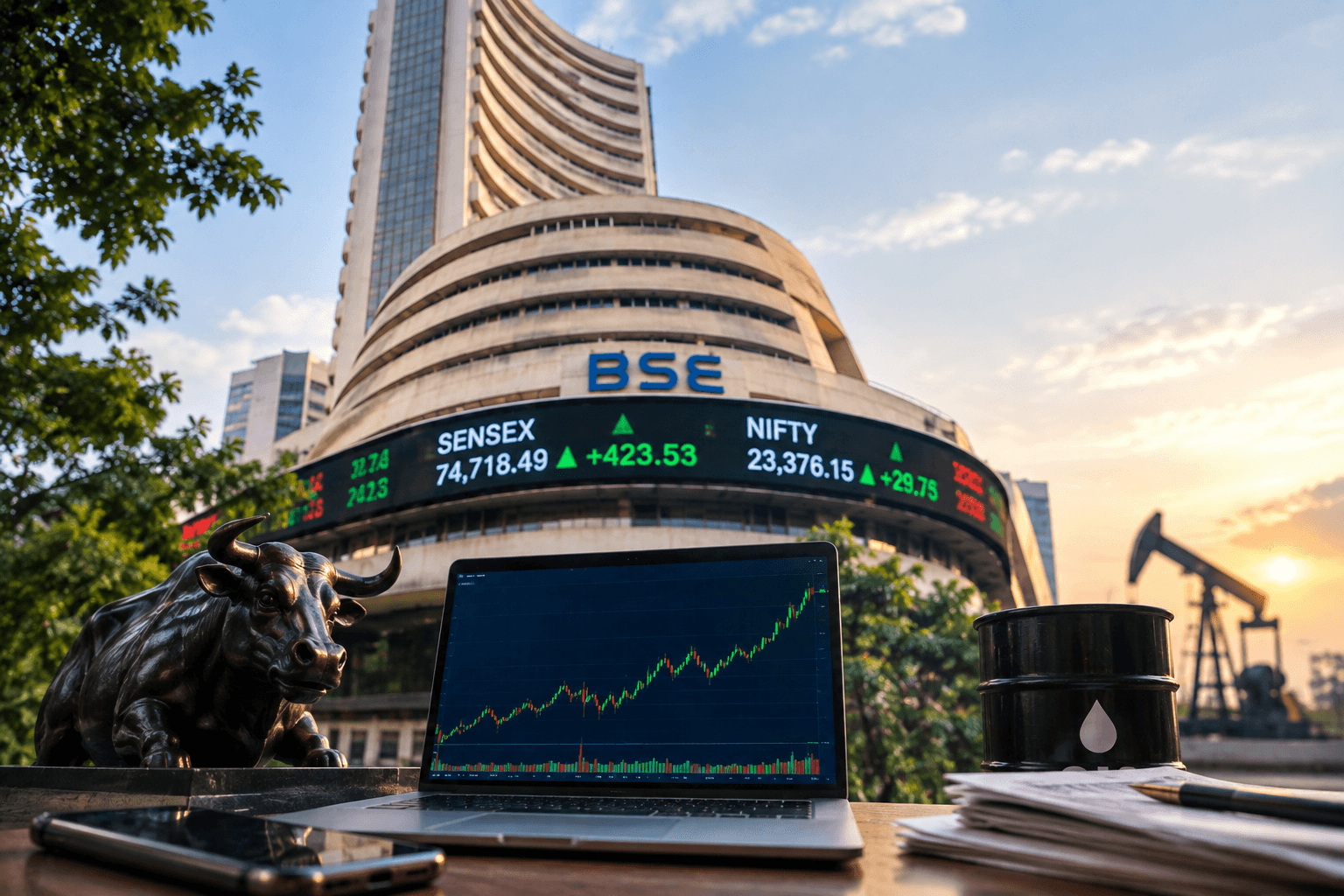 Sensex Jumps Over 400 Points, Nifty Holds Above 23,360 as Crude Oil Prices Ease