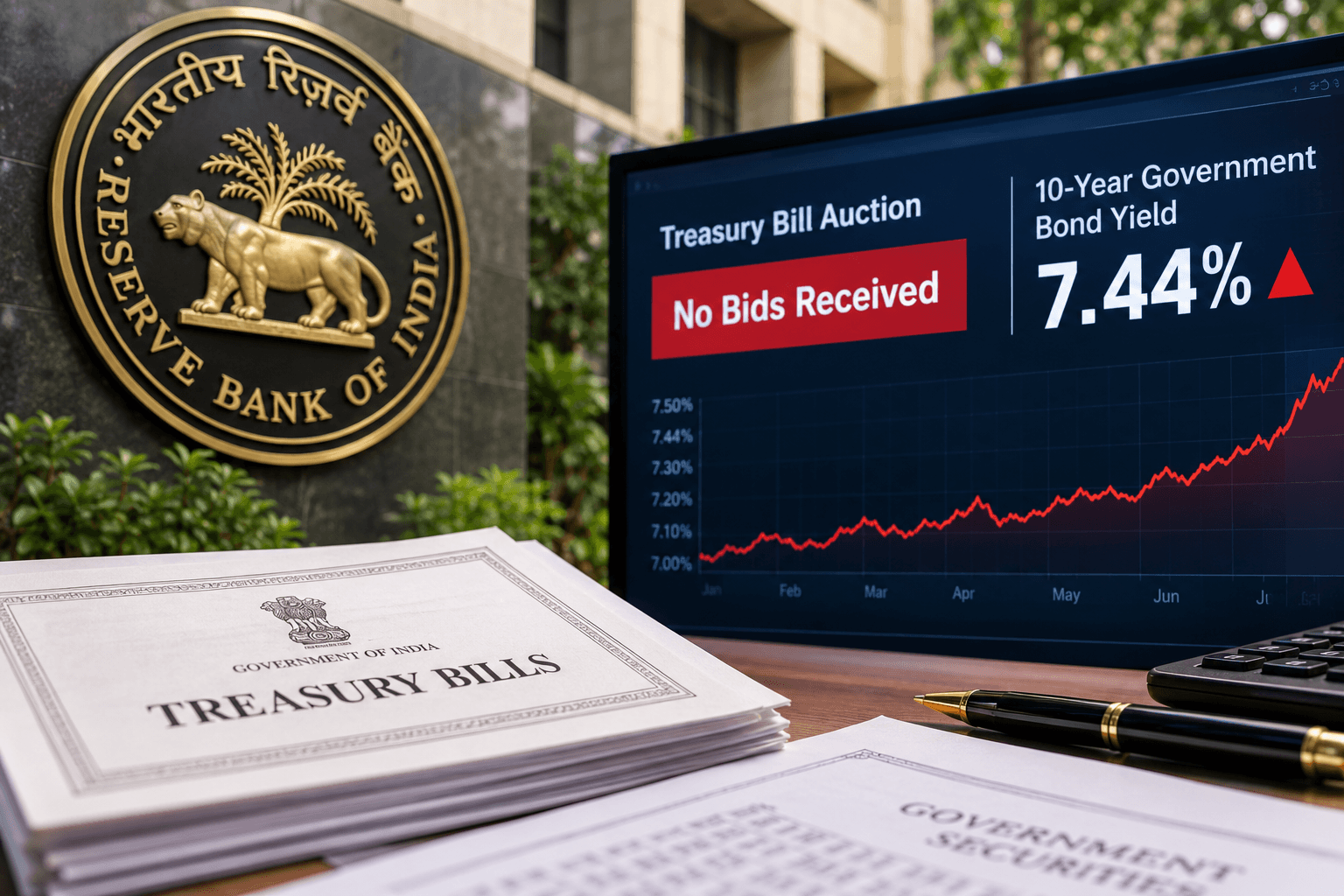 RBI Rejects T-Bill Bids, Bond Yield Hits 7.44%